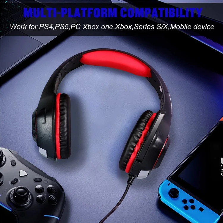 KOTION EACH GS400 LED Light Gaming Headset Wired Over-Ear Headphone with Audio Adapter Cable for PC / PS4 / PS5 - Red