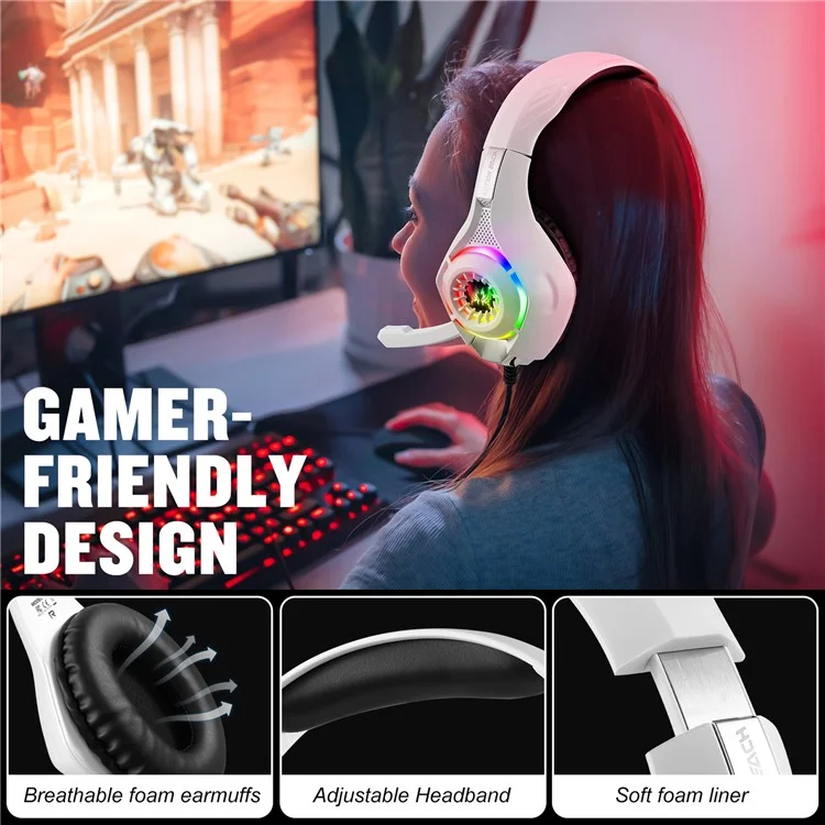 KOTION EACH GS410 For PC / PS4 / PS5 Gaming Headset RGB Light Wired Headphone with Audio Adapter Cable - White