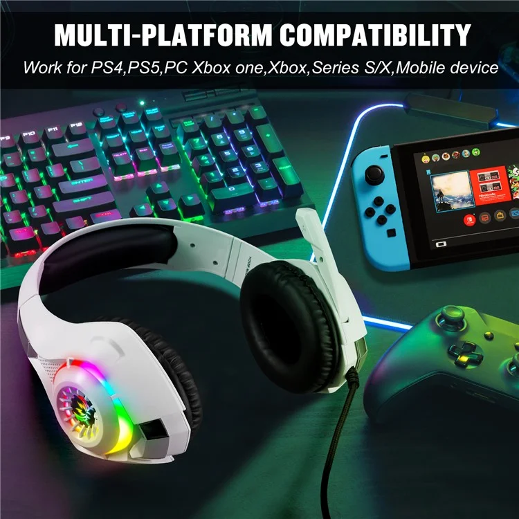 KOTION EACH GS410 For PC / PS4 / PS5 Gaming Headset RGB Light Wired Headphone with Audio Adapter Cable - White