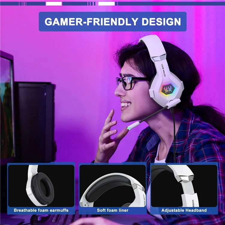 KOTION EACH GS450 For PS4 / PS5 / PC Gaming Headset RGB Wired Over-Ear Headphone with Adapter Cable - White
