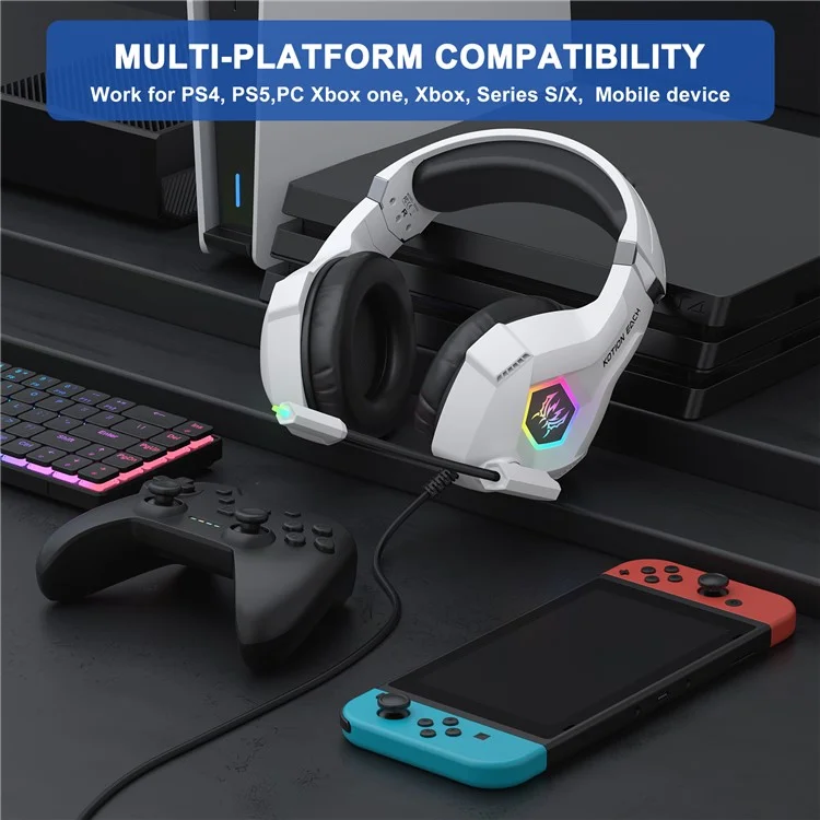 KOTION EACH GS450 For PS4 / PS5 / PC Gaming Headset RGB Wired Over-Ear Headphone with Adapter Cable - White