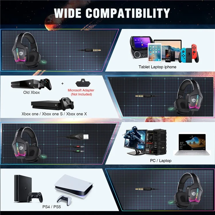 KOTION EACH S12 For PC / PS4 / PS5 Gaming Headset Rotatable Microphone Wired RGB Headphone with Adapter Cable