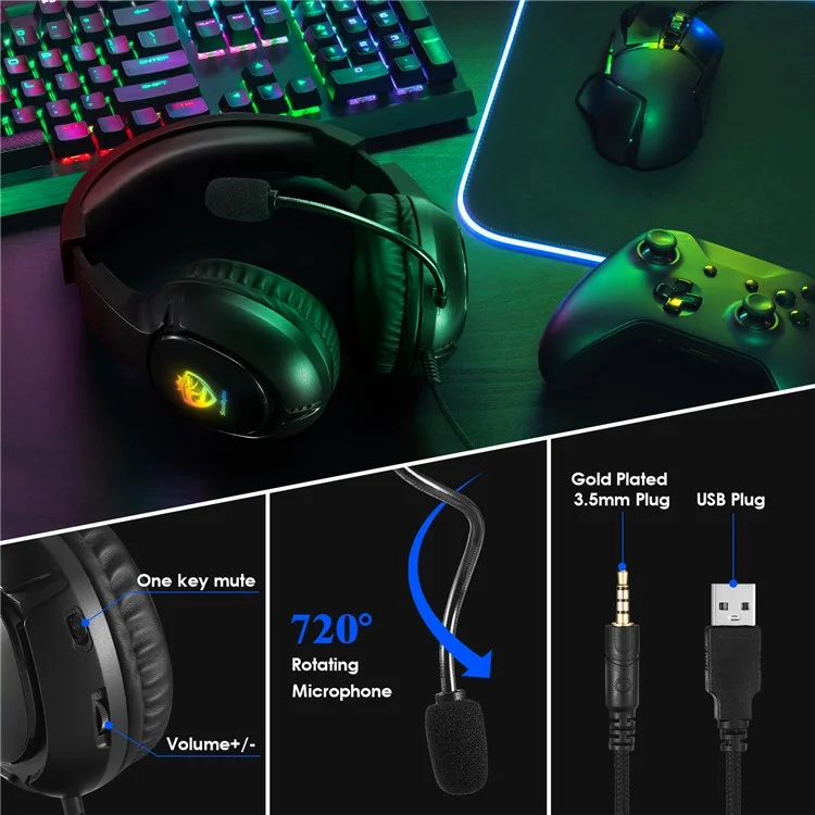 KOTION EACH S20 Gaming Headset LED Light Deep Bass Wired Headphone for PC / PS4 / PS5 with Adapter Cable