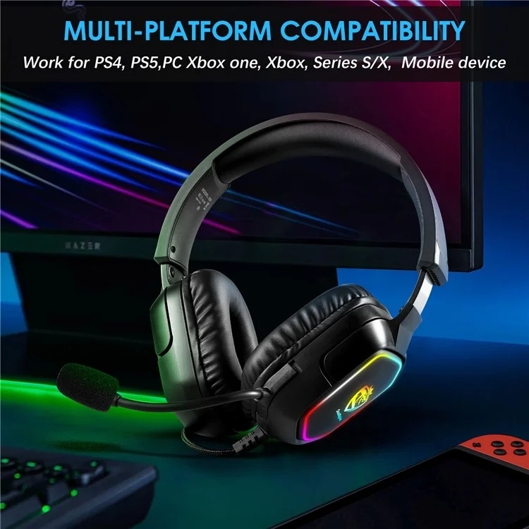 KOTION EACH S21 For PC / PS4 / PS5 Over-Ear Gaming Headset RGB Light Wired Headphone with Adapter Cable