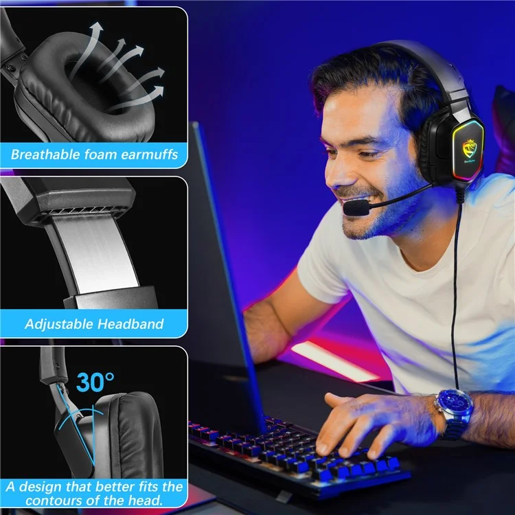 KOTION EACH S21 For PC / PS4 / PS5 Over-Ear Gaming Headset RGB Light Wired Headphone with Adapter Cable