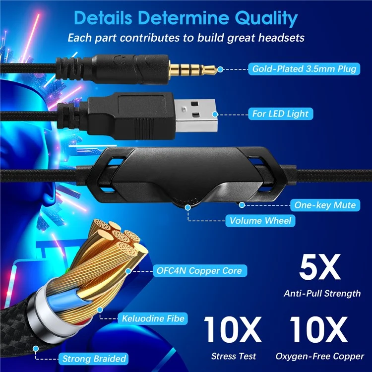 KOTION EACH S21 For PC / PS4 / PS5 Over-Ear Gaming Headset RGB Light Wired Headphone with Adapter Cable