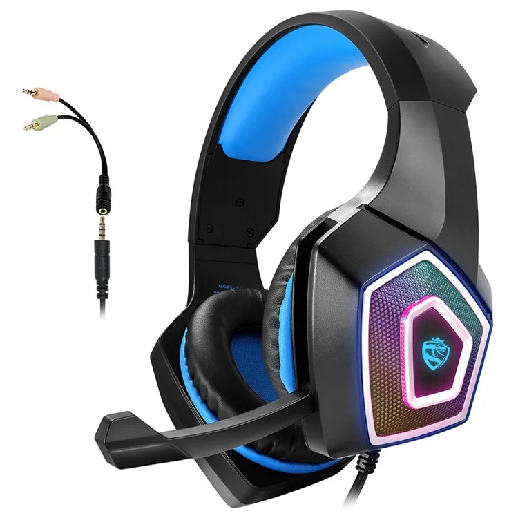 KOTION EACH V-1 Gaming Headset RGB Light Wired Computer Headphone with Adapter Cable - Black+Blue