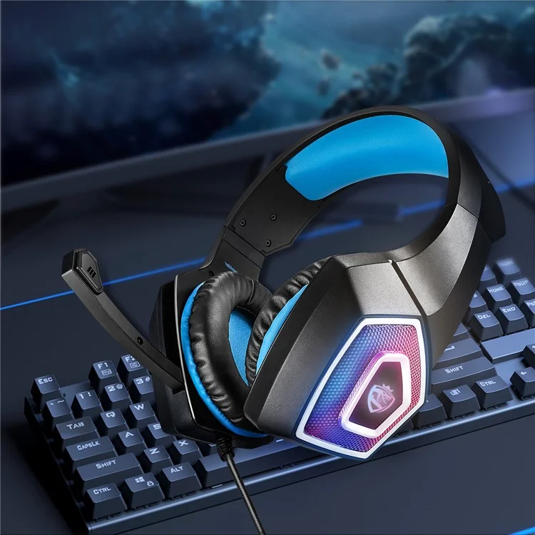 KOTION EACH V-1 Gaming Headset RGB Light Wired Computer Headphone with Adapter Cable - Black+Blue