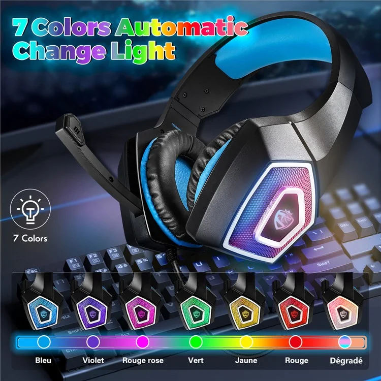 KOTION EACH V-1 Gaming Headset RGB Light Wired Computer Headphone with Adapter Cable - Black+Blue
