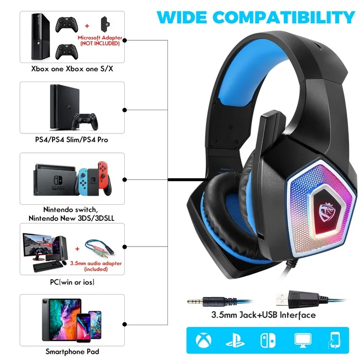 KOTION EACH V-1 Gaming Headset RGB Light Wired Computer Headphone with Adapter Cable - Black+Blue