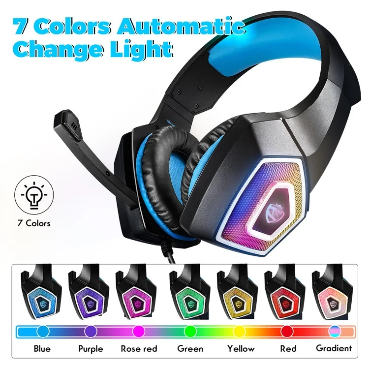 KOTION EACH V-1 Gaming Headset RGB Light Wired Computer Headphone with Adapter Cable - Black+Blue