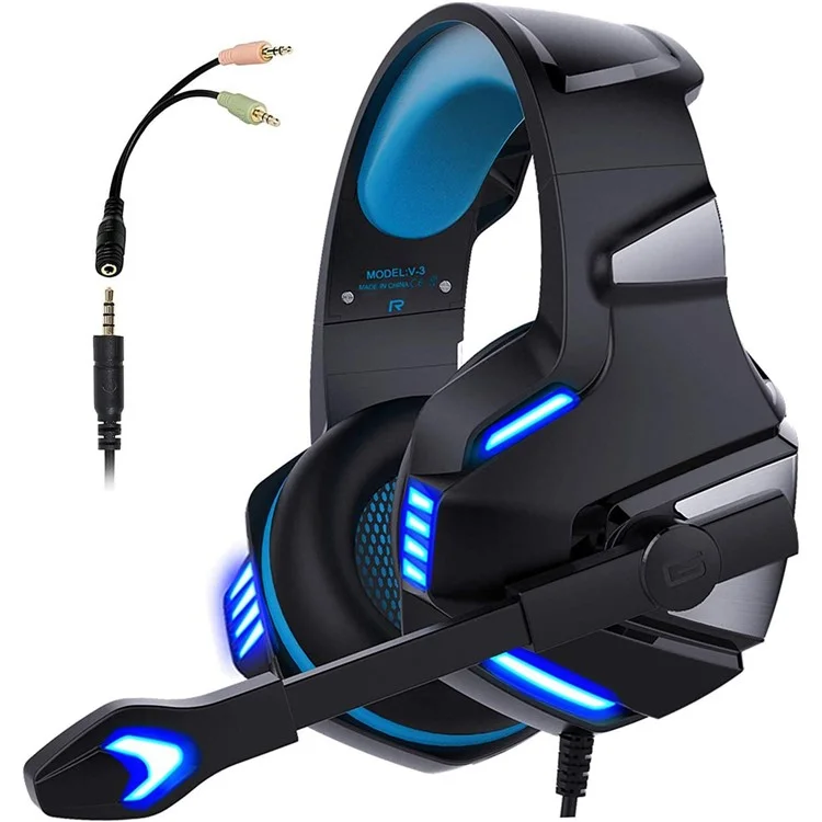 Casque de jeu filaire KOTION EACH V-3 pour PS4 / PS5 avec éclairage LED, basses puissantes et câble adaptateur - Noir+Bleu