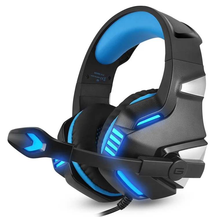 Casque de jeu filaire KOTION EACH V-3 pour PS4 / PS5 avec éclairage LED, basses puissantes et câble adaptateur - Noir+Bleu