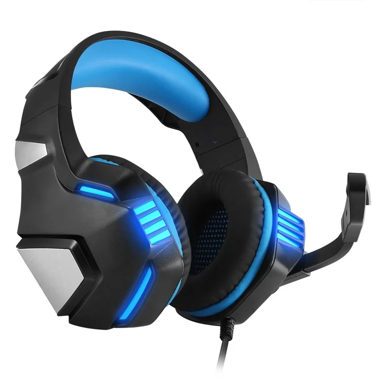 Casque de jeu filaire KOTION EACH V-3 pour PS4 / PS5 avec éclairage LED, basses puissantes et câble adaptateur - Noir+Bleu
