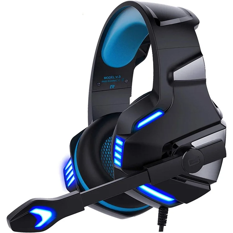 Casque de jeu filaire KOTION EACH V-3 pour PS4 / PS5 avec éclairage LED, basses puissantes et câble adaptateur - Noir+Bleu