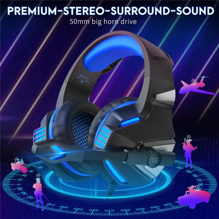 Casque de jeu filaire KOTION EACH V-3 pour PS4 / PS5 avec éclairage LED, basses puissantes et câble adaptateur - Noir+Bleu