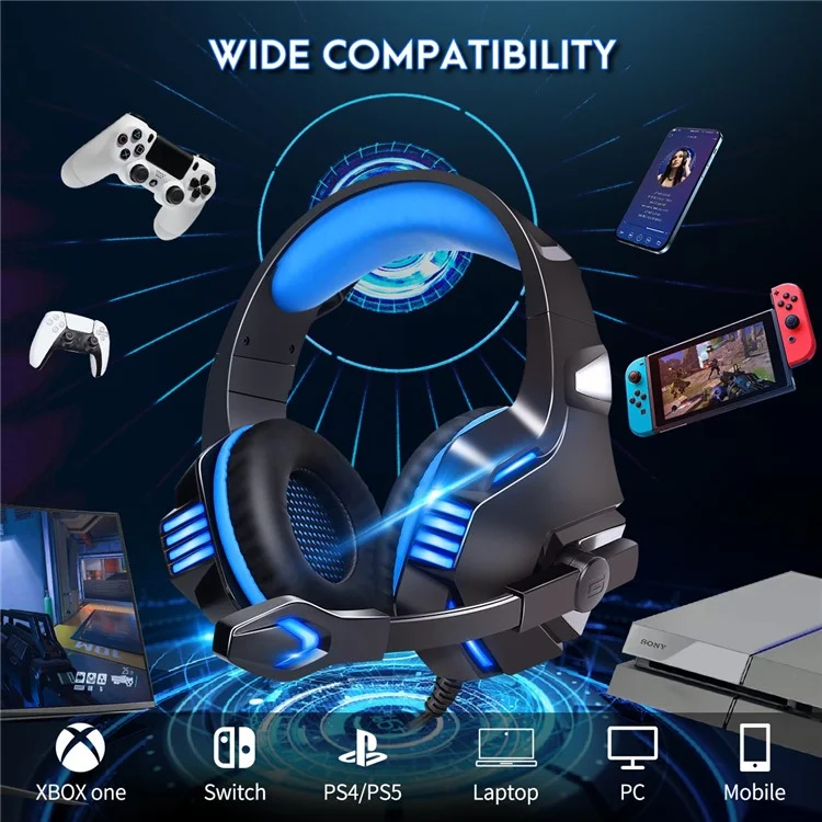 Casque de jeu filaire KOTION EACH V-3 pour PS4 / PS5 avec éclairage LED, basses puissantes et câble adaptateur - Noir+Bleu