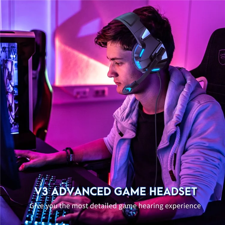 Casque de jeu filaire KOTION EACH V-3 pour PS4 / PS5 avec éclairage LED, basses puissantes et câble adaptateur - Noir+Bleu