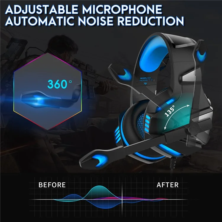 Casque de jeu filaire KOTION EACH V-3 pour PS4 / PS5 avec éclairage LED, basses puissantes et câble adaptateur - Noir+Bleu