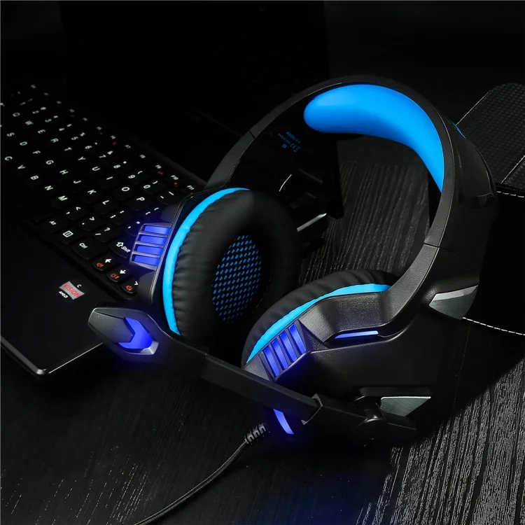 Casque de jeu filaire KOTION EACH V-3 pour PS4 / PS5 avec éclairage LED, basses puissantes et câble adaptateur - Noir+Bleu