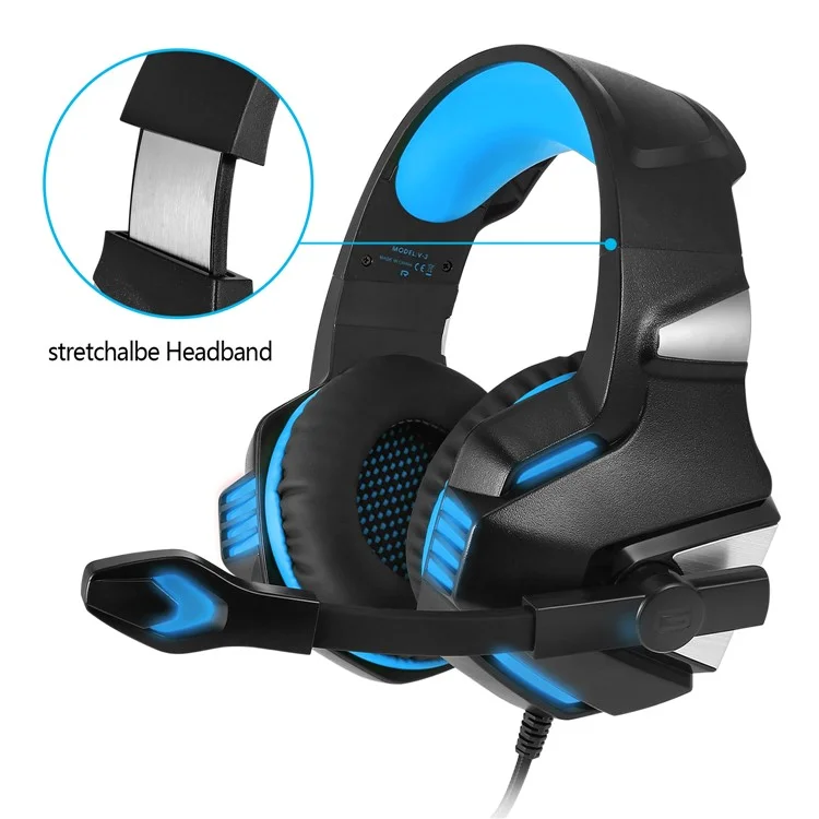 Casque de jeu filaire KOTION EACH V-3 pour PS4 / PS5 avec éclairage LED, basses puissantes et câble adaptateur - Noir+Bleu