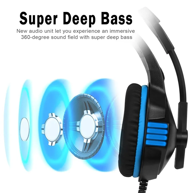 Casque de jeu filaire KOTION EACH V-3 pour PS4 / PS5 avec éclairage LED, basses puissantes et câble adaptateur - Noir+Bleu
