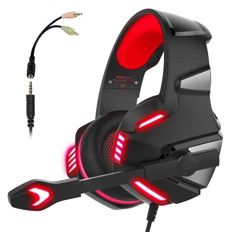 KOTION EACH V-3 Wired Gaming Headset for PS4 / PS5 LED Light Heavy Bass Over-ear Headphone with Adapter Cable - Black+Red