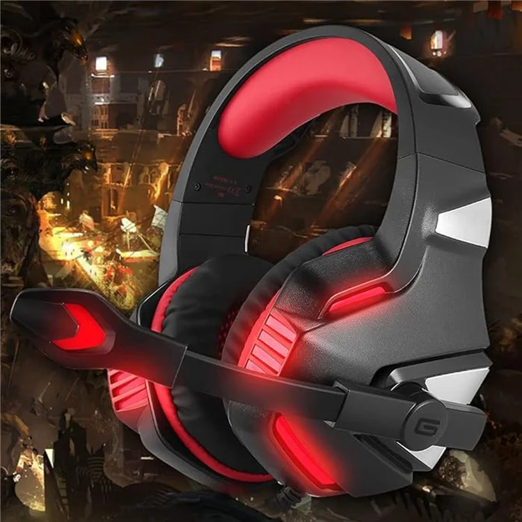 KOTION EACH V-3 Wired Gaming Headset for PS4 / PS5 LED Light Heavy Bass Over-ear Headphone with Adapter Cable - Black+Red