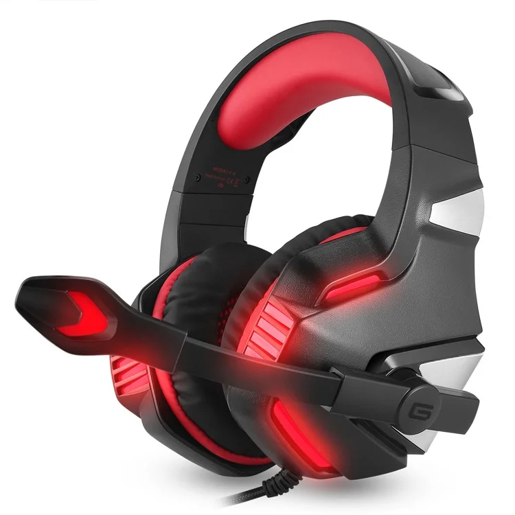 KOTION EACH V-3 Wired Gaming Headset for PS4 / PS5 LED Light Heavy Bass Over-ear Headphone with Adapter Cable - Black+Red