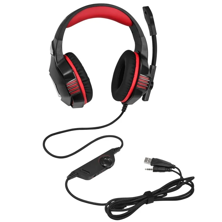 KOTION EACH V-3 Wired Gaming Headset for PS4 / PS5 LED Light Heavy Bass Over-ear Headphone with Adapter Cable - Black+Red