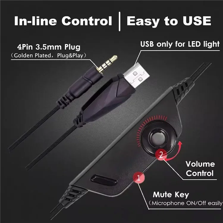 KOTION EACH V-3 Wired Gaming Headset for PS4 / PS5 LED Light Heavy Bass Over-ear Headphone with Adapter Cable - Black+Red