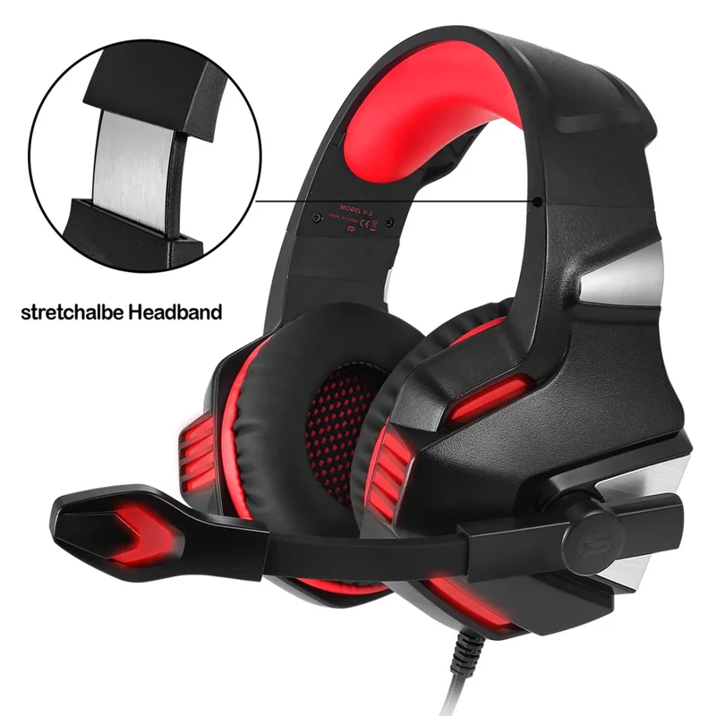 KOTION EACH V-3 Wired Gaming Headset for PS4 / PS5 LED Light Heavy Bass Over-ear Headphone with Adapter Cable - Black+Red