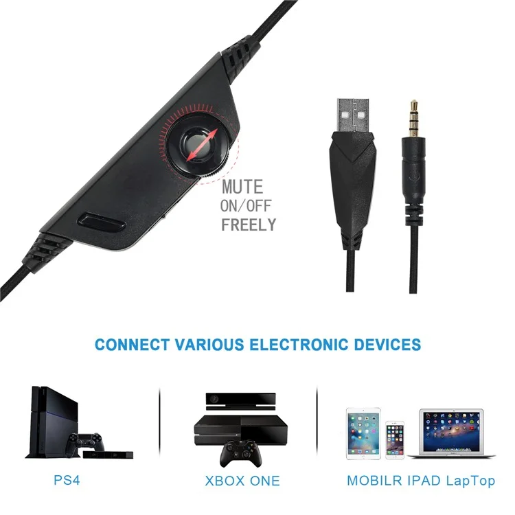 KOTION EACH V-3 Wired Gaming Headset for PS4 / PS5 LED Light Heavy Bass Over-ear Headphone with Adapter Cable - Black+Red