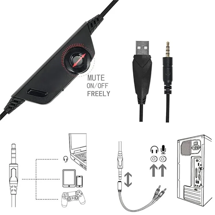 KOTION EACH V-3 Wired Gaming Headset for PS4 / PS5 LED Light Heavy Bass Over-ear Headphone with Adapter Cable - Black+Red