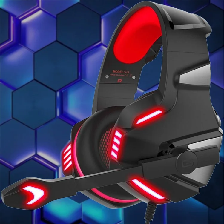 KOTION EACH V-3 Wired Gaming Headset for PS4 / PS5 LED Light Heavy Bass Over-ear Headphone with Adapter Cable - Black+Red
