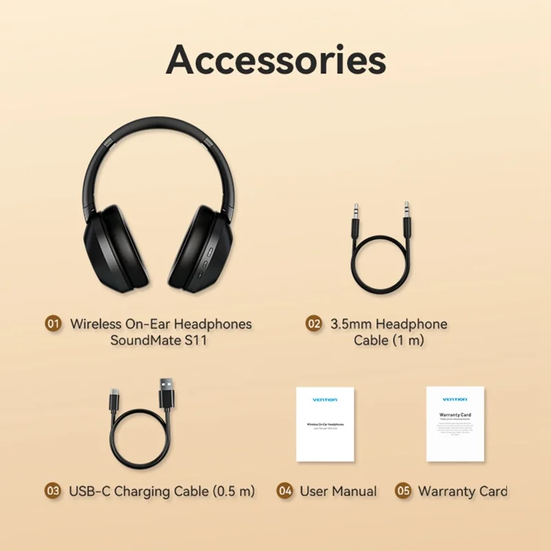 VENTION NBBB0 Soundmate S11 Wireless Headphones BT On-Ear Headset with Microphone for Home / Office