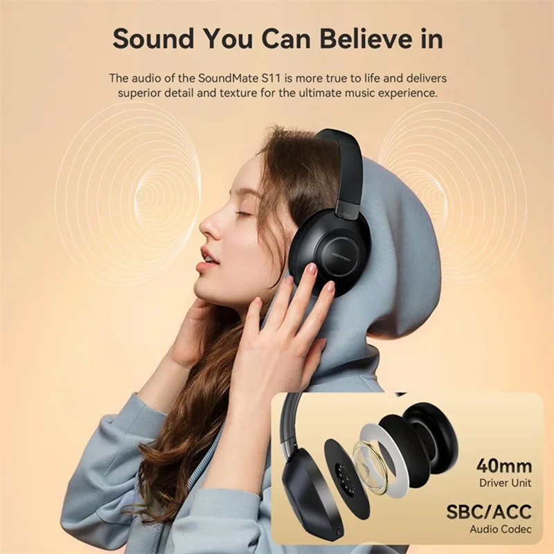VENTION NBBB0 Soundmate S11 Wireless Headphones BT On-Ear Headset with Microphone for Home / Office