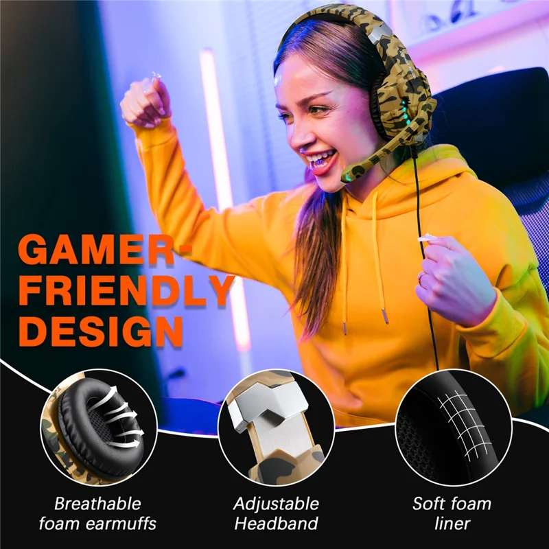 KOTION EACH G9000 Pro Camouflage Pattern Gaming Headset for PC Wired Headphones with Mic and LED Light - Yellow Camouflage