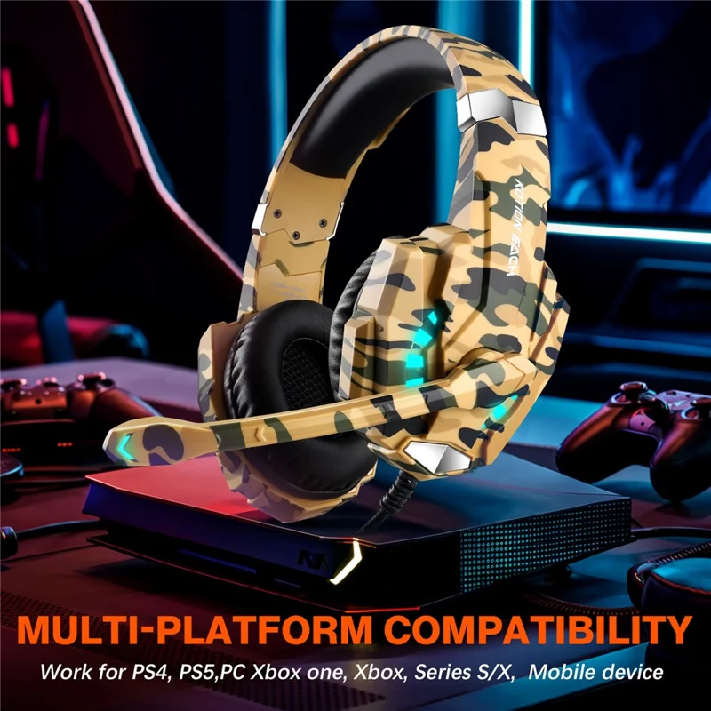 KOTION EACH G9000 Pro Camouflage Pattern Gaming Headset for PC Wired Headphones with Mic and LED Light - Yellow Camouflage