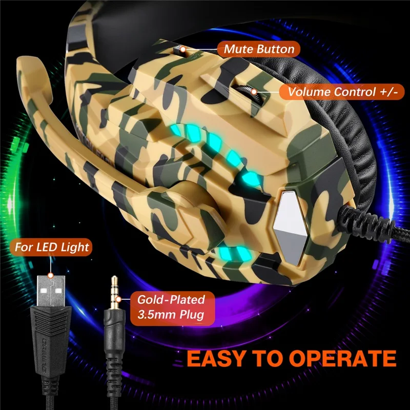 KOTION EACH G9000 Pro Camouflage Pattern Gaming Headset for PC Wired Headphones with Mic and LED Light - Yellow Camouflage