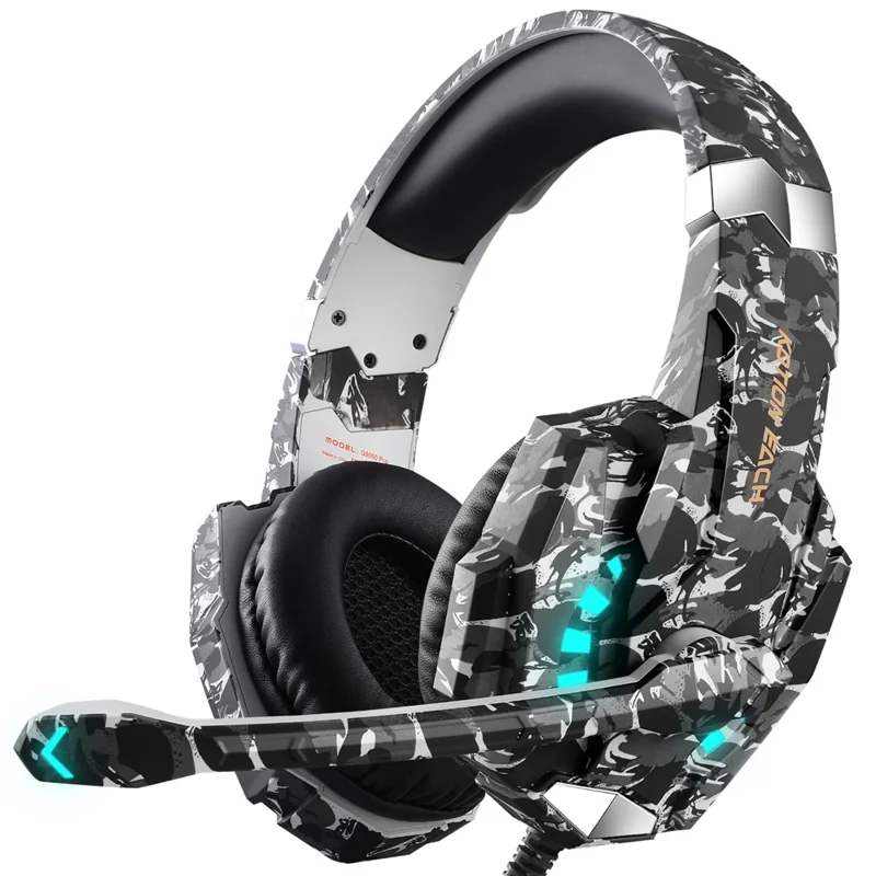 KOTION EACH G9000 Pro Tarnmuster Gaming-Headset für PC Kabelgebundene Kopfhörer mit Mikrofon und LED-Licht - Grau Tarnmuster