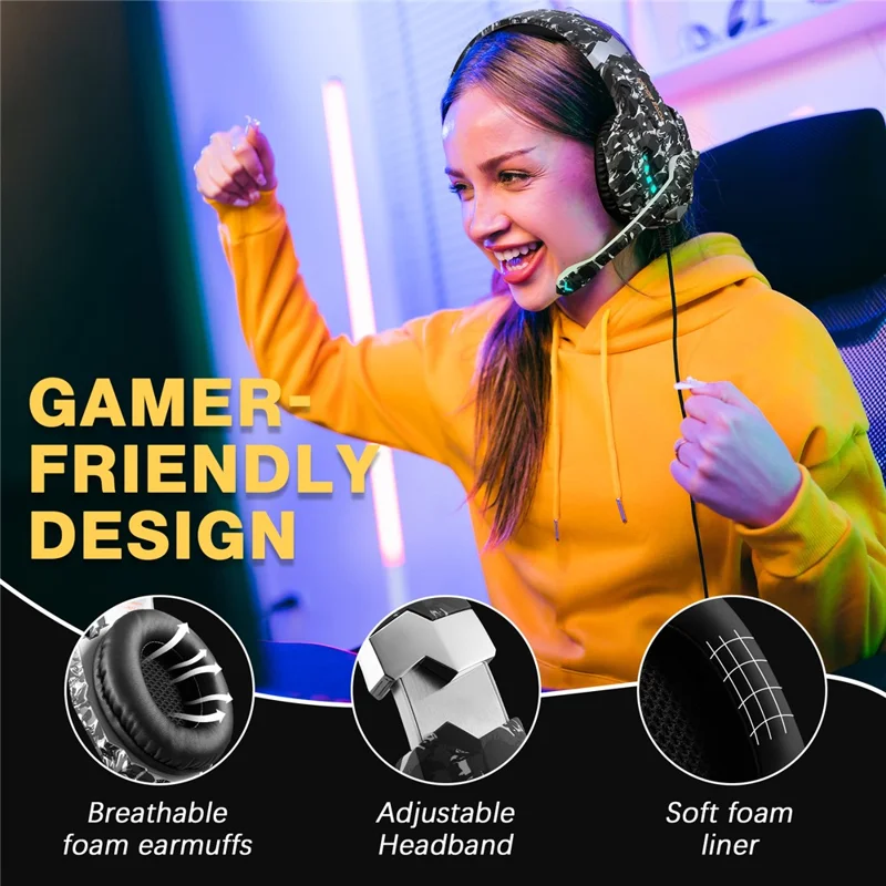 KOTION EACH G9000 Pro Tarnmuster Gaming-Headset für PC Kabelgebundene Kopfhörer mit Mikrofon und LED-Licht - Grau Tarnmuster