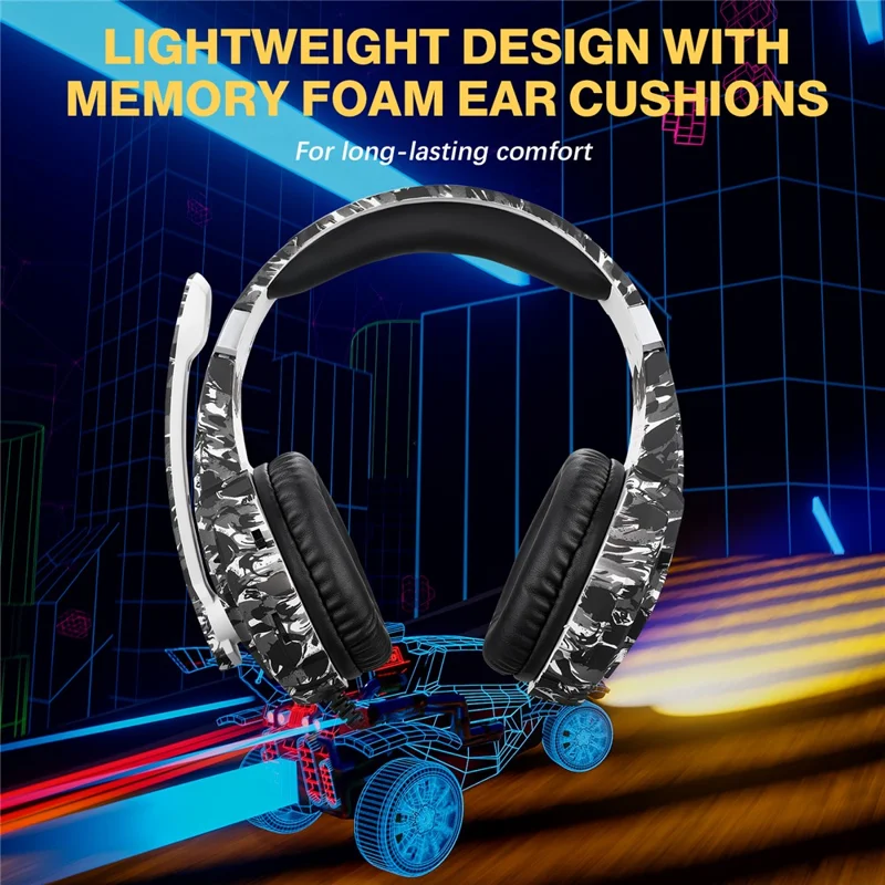 KOTION EACH G9000 Pro Tarnmuster Gaming-Headset für PC Kabelgebundene Kopfhörer mit Mikrofon und LED-Licht - Grau Tarnmuster
