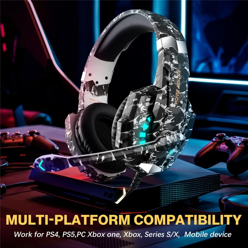 KOTION EACH G9000 Pro Tarnmuster Gaming-Headset für PC Kabelgebundene Kopfhörer mit Mikrofon und LED-Licht - Grau Tarnmuster