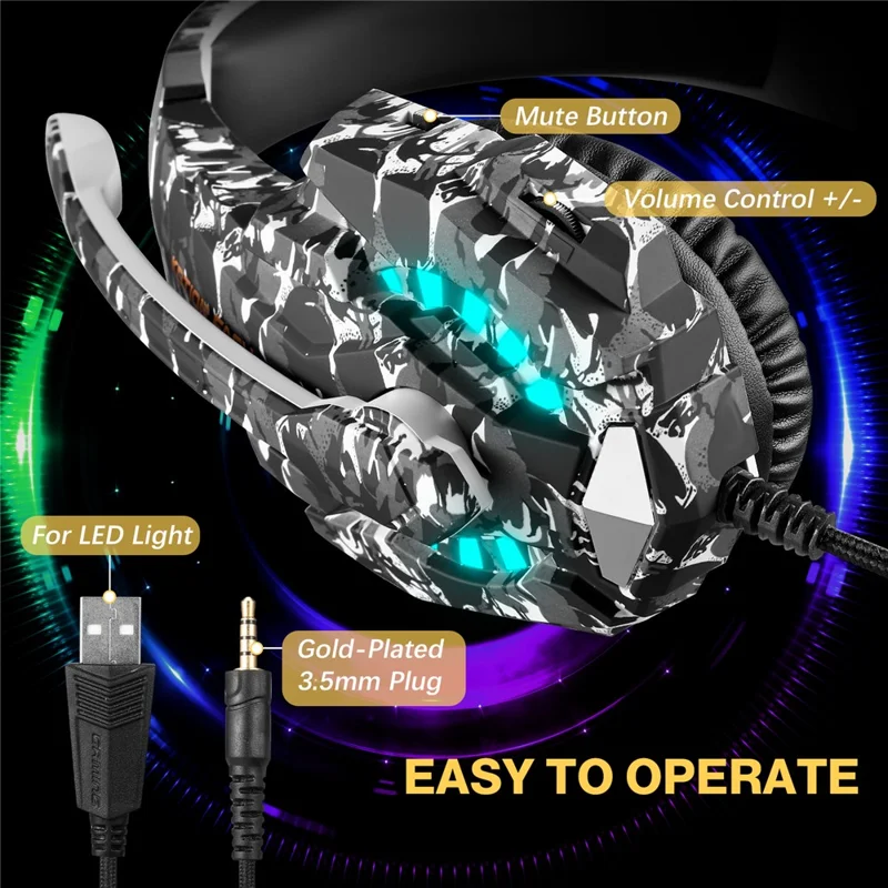 KOTION EACH G9000 Pro Tarnmuster Gaming-Headset für PC Kabelgebundene Kopfhörer mit Mikrofon und LED-Licht - Grau Tarnmuster