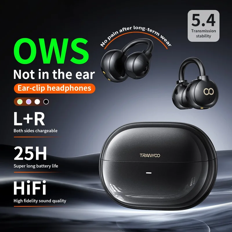 TRANYOO T-M5 OWS Bluetooth-compatible Earbuds Super Bass Clip On Wireless Headphones - Black