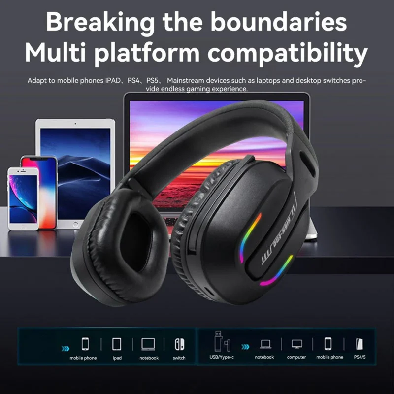 GT100 2.4G / Bluetooth-Compatible / Wired Gaming Headset RGB Light E-Sports Music Over-ear Headphone