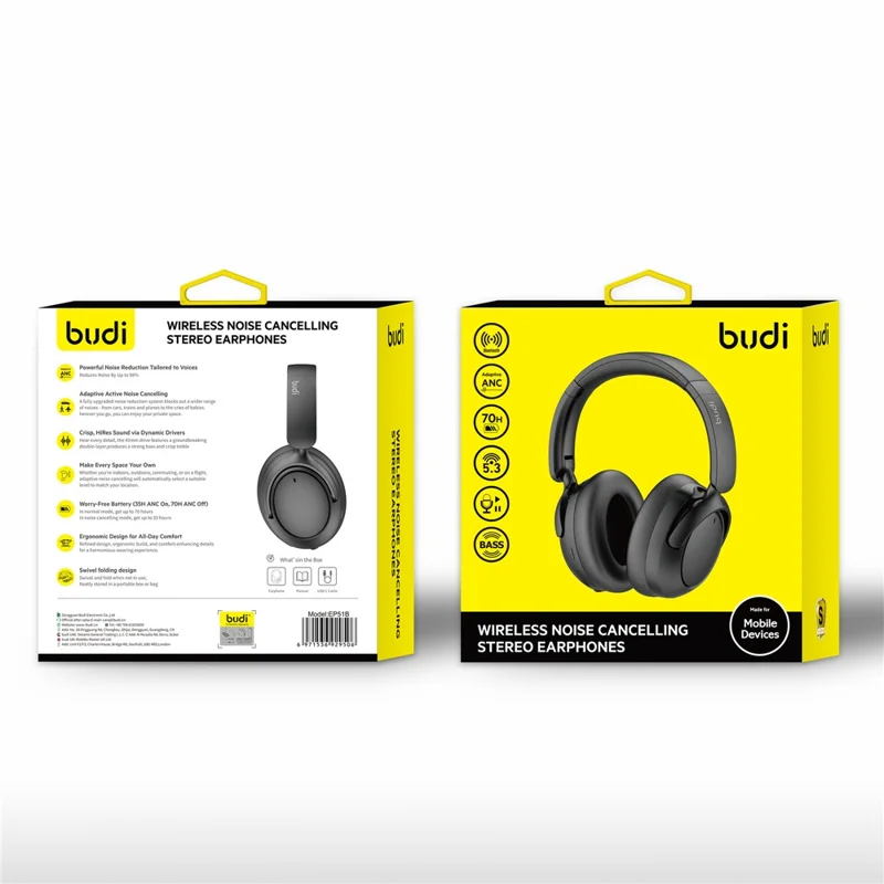 BUDI EP51B Wireless Noise Canceling Stereo Headphones Crystal Clear Calls Foldable Headset