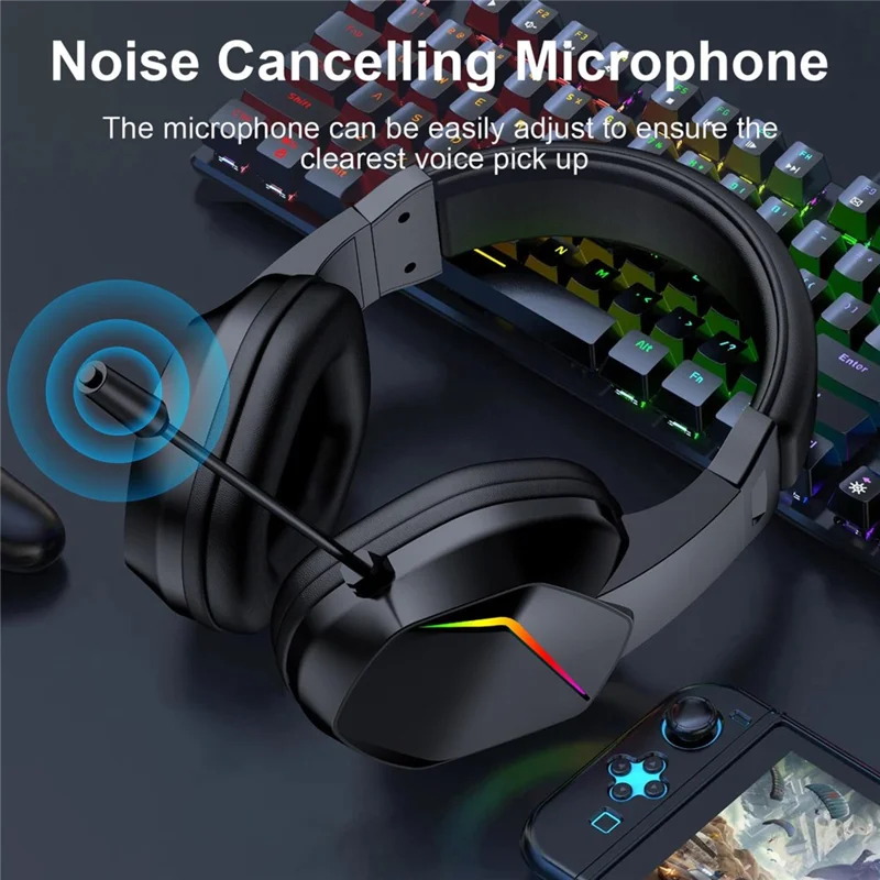 OY733 Over-Ear Bluetooth-Compatible Gaming Headset Low Latency Esports Headphones with External Microphone and LED Lighting - Black