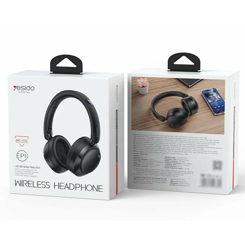 YESIDO EP11 Draadloze Hoofdtelefoon ANC+ENC Bluetooth-compatibele Hoofdtelefoon met Microfoon - Zwart